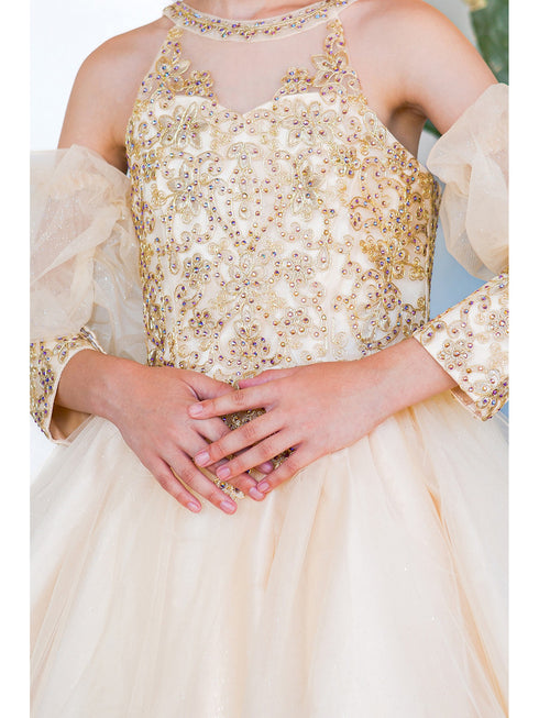Girls Champagne Gold Lace Glitter Tulle Flower Girl Party Dress 2-16 - SophiasStyle.com detail