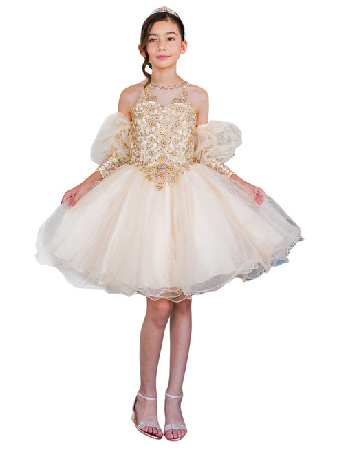 Girls Champagne Gold Lace Glitter Tulle Flower Girl Party Dress 2-16 - SophiasStyle.com model 1