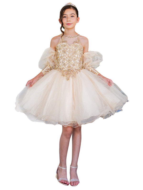 Girls Champagne Gold Lace Glitter Tulle Flower Girl Party Dress 2-16 - SophiasStyle.com model 1