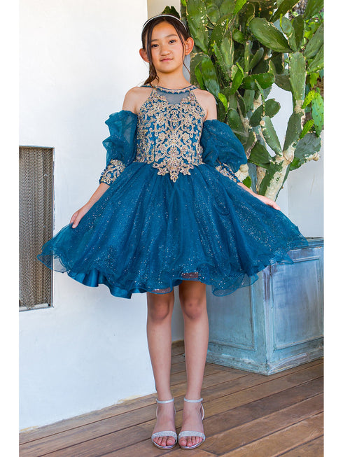 Girls Peacock Gold Lace Glitter Tulle Flower Girl Party Dress 2-16 - SophiasStyle.com model 2