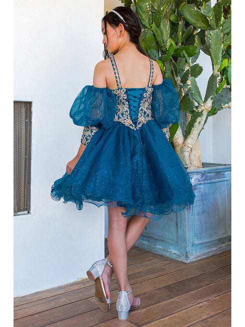 Girls Peacock Gold Lace Glitter Tulle Flower Girl Party Dress 2-16 - SophiasStyle.com back