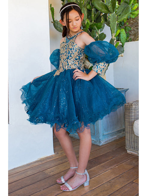 Girls Peacock Gold Lace Glitter Tulle Flower Girl Party Dress 2-16 - SophiasStyle.com side