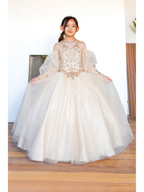 Girls Champagne Mini Quinceaneara Glitter Tulle Ball Gown Dress 2-16 front - SophiasStyle