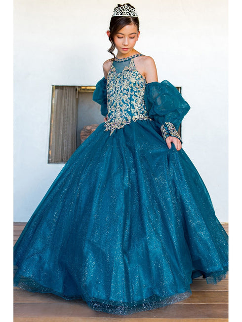 Girls Peacock Mini Quinceaneara Glitter Tulle Ball Gown Dress 2-16 side - SophiasStyle