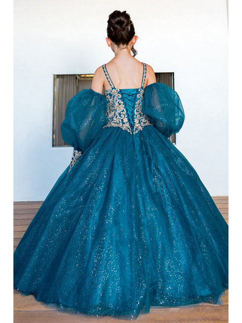 Girls Peacock Mini Quinceaneara Glitter Tulle Ball Gown Dress 2-16 back - SophiasStyle