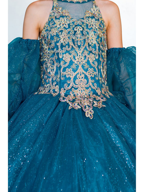 Girls Peacock Mini Quinceaneara Glitter Tulle Ball Gown Dress 2-16 detail - SophiasStyle