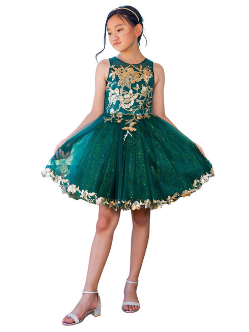 Girls Hunter Green Satin Glitter Tulle Gold Lace Party Dress 2-16 - SophiasStyle.com model 1