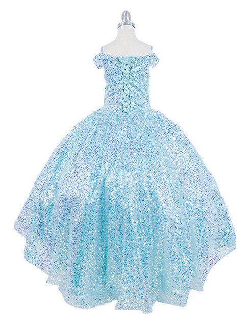 Girls Rainbow Sequin Glitter Tulle Off Shoulder Sweep Train Ball Gown, Sizes 2-16 - SophiasStyle.com