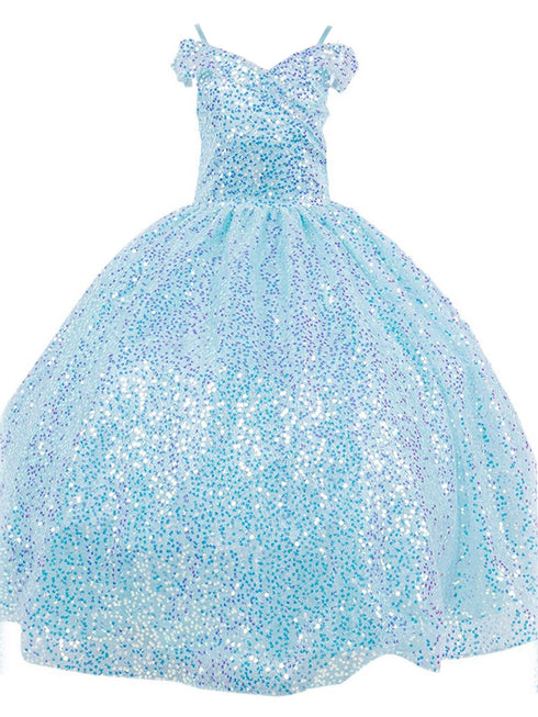 Girls Rainbow Sequin Glitter Tulle Off Shoulder Sweep Train Ball Gown, Sizes 2-16 - SophiasStyle.com