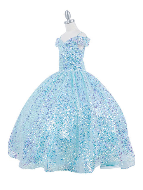 Girls Rainbow Sequin Glitter Tulle Off Shoulder Sweep Train Ball Gown, Sizes 2-16 - SophiasStyle.com