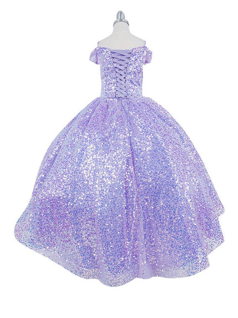 Girls Rainbow Sequin Glitter Tulle Off Shoulder Sweep Train Ball Gown, Size 8