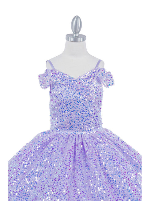 Girls Rainbow Sequin Glitter Tulle Off Shoulder Sweep Train Ball Gown, Size 8