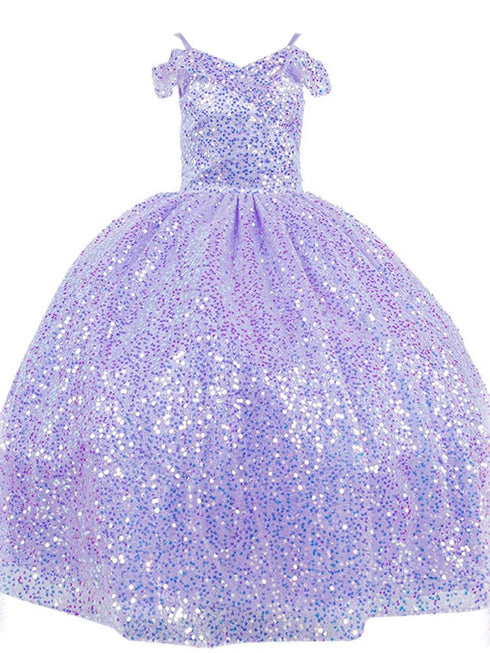 Girls Rainbow Sequin Glitter Tulle Off Shoulder Sweep Train Ball Gown, Size 8