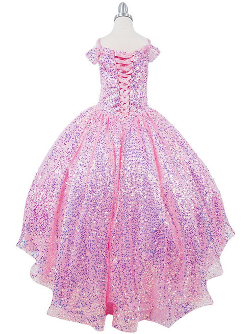Girls Rainbow Sequin Glitter Tulle Off Shoulder Sweep Train Ball Gown, Sizes 2-16 - SophiasStyle.com