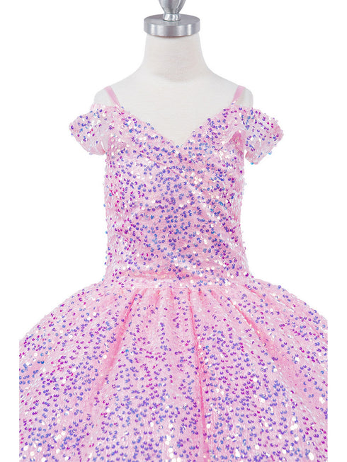 Girls Rainbow Sequin Glitter Tulle Off Shoulder Sweep Train Ball Gown, Sizes 2-16 - SophiasStyle.com