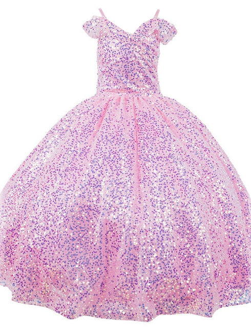 Girls Rainbow Sequin Glitter Tulle Off Shoulder Sweep Train Ball Gown, Sizes 2-16 - SophiasStyle.com