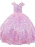 Girls Rainbow Sequin Glitter Tulle Off Shoulder Sweep Train Ball Gown, Sizes 2-16 - SophiasStyle.com