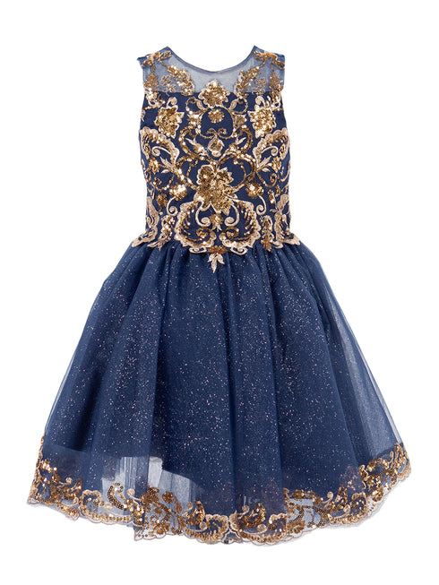 Girls Navy Illusion Two Tone Golden Lace Glittered Tulle Party Dress, Sizes 2-16 - SophiasStyle.com