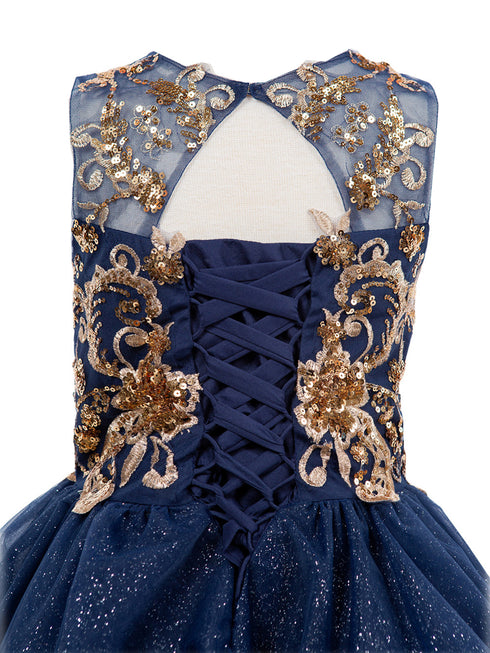 Girls Navy Illusion Two Tone Golden Lace Glittered Tulle Party Dress, Sizes 2-16 - SophiasStyle.com