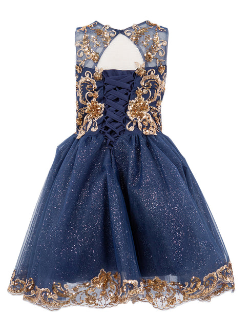 Girls Navy Illusion Two Tone Golden Lace Glittered Tulle Party Dress, Sizes 2-16 - SophiasStyle.com