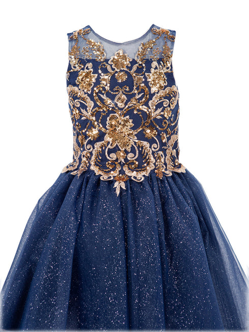 Girls Navy Illusion Two Tone Golden Lace Glittered Tulle Party Dress, Sizes 2-16 - SophiasStyle.com