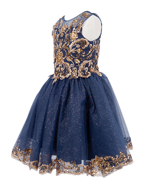Girls Navy Illusion Two Tone Golden Lace Glittered Tulle Party Dress, Sizes 2-16 - SophiasStyle.com