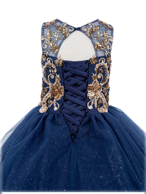 Girls Navy Two Tone Golden Lace Glittered Tulle Ball Gown, Sizes 2-16 - SophiasStyle.com