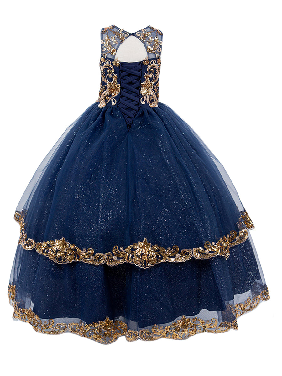 Illusion High Neck Floor Length Glitter Tulle Quinceanera Ball Gown with Gold Lace Appliques Cinderella Couture 5163