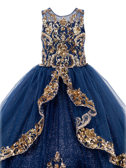 Girls Navy Two Tone Golden Lace Glittered Tulle Ball Gown, Sizes 2-16 - SophiasStyle.com