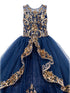 Girls Navy Two Tone Golden Lace Glittered Tulle Ball Gown, Sizes 2-16 - SophiasStyle.com