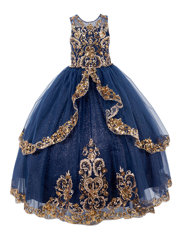 Girls Navy Two Tone Golden Lace Glittered Tulle Ball Gown, Sizes 2-16 - SophiasStyle.com
