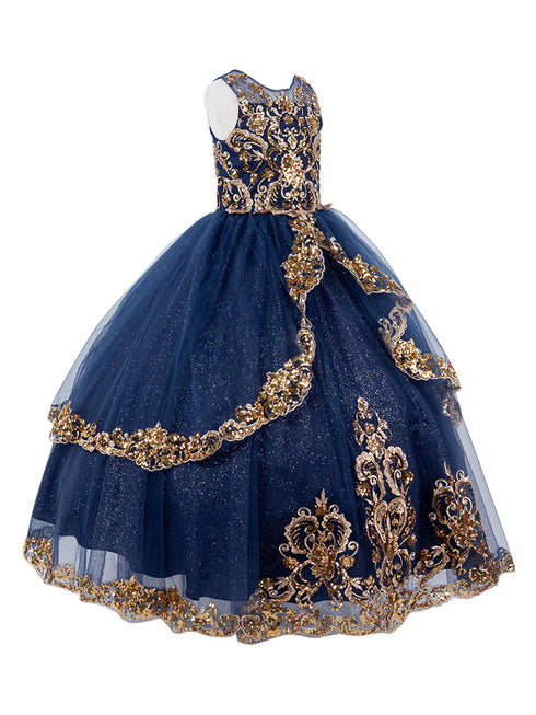 Girls Navy Two Tone Golden Lace Glittered Tulle Ball Gown, Sizes 2-16 - SophiasStyle.com