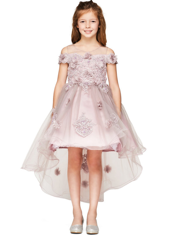 Girls Mauve Lala & Erina Lace Applique Hi-Low Flower Girl Dress 2-12 - SophiasStyle.com