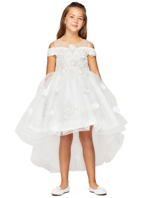 Girls White Lala & Erina Lace Applique Hi-Low Flower Girl Dress 2-12 - SophiasStyle.com