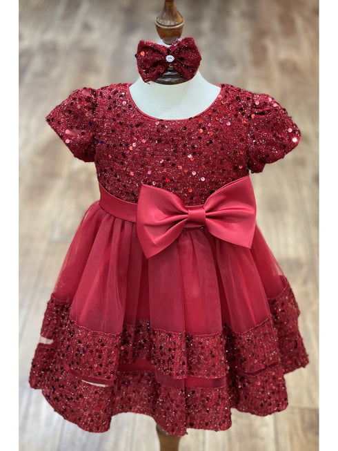 Baby Girls Lala & Erina Burgundy Sequin Adorned Flower Girl Dress 3-24M front 2