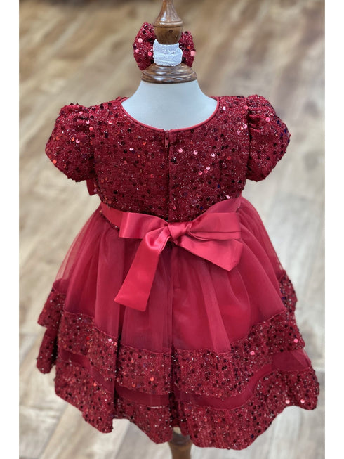 Baby Girls Lala & Erina Burgundy Sequin Adorned Flower Girl Dress 3-24M back 2