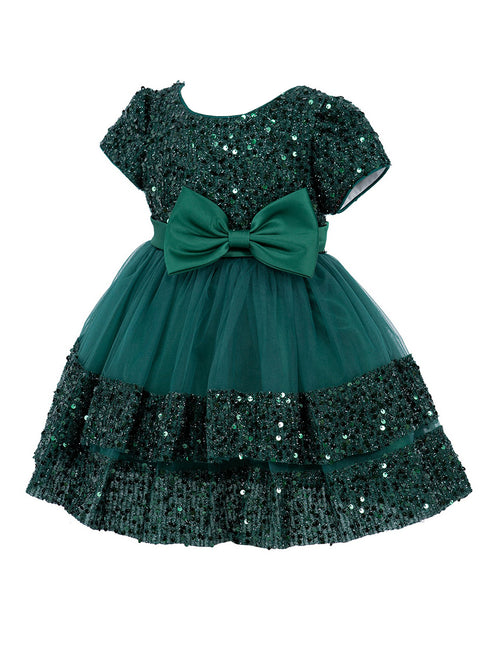 Baby Girls Lala & Erina Hunter Green Sequin Adorned Flower Girl Dress 3-24M front