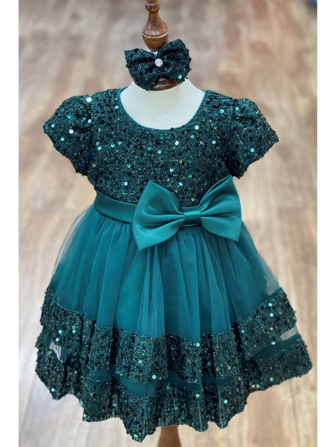 Baby Girls Lala & Erina Hunter Green Sequin Adorned Flower Girl Dress 3-24M front 2