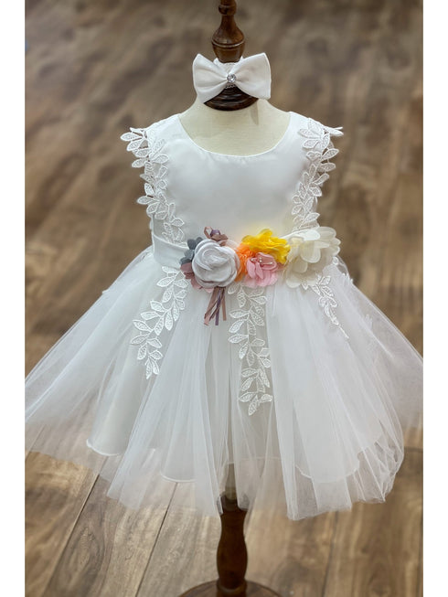 Baby Girls Lala & Erina Ivory Satin Lace Headband Flower Girl Dress 3-24M front 2