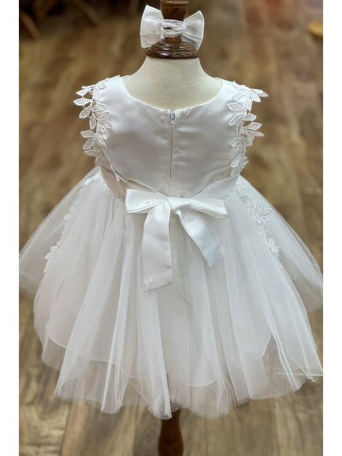 Baby Girls Lala & Erina Ivory Satin Lace Headband Flower Girl Dress 3-24M back