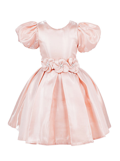 Girls Lala & Erina Blush Puff Sleeve Pleated Flower Girl Dress 2-12 - SophiasStyle.com front