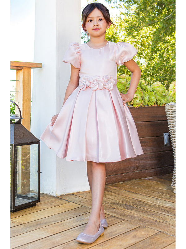 Girls Lala & Erina Blush Puff Sleeve Pleated Flower Girl Dress 2-12 - SophiasStyle.com