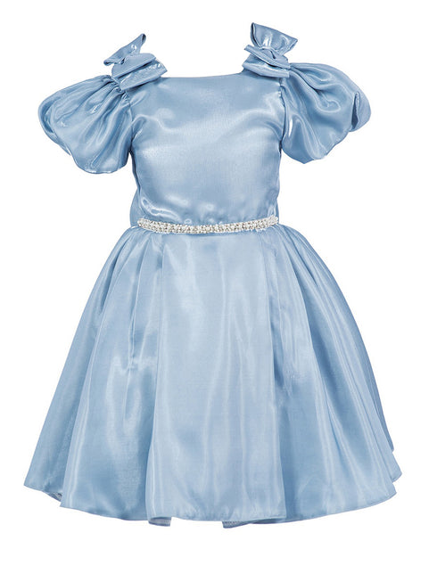 Girls Lala & Erina Blue Ribbon Puff Sleeve Flower Girl Dress 2-12 SophiasStyle.com front