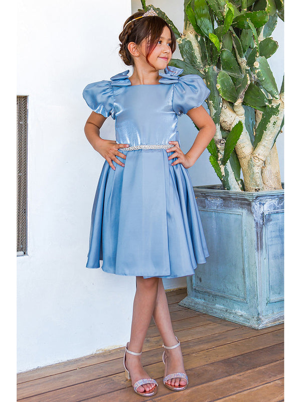 Girls Lala & Erina Blue Ribbon Puff Sleeve Flower Girl Dress 2-12 SophiasStyle.com model 1