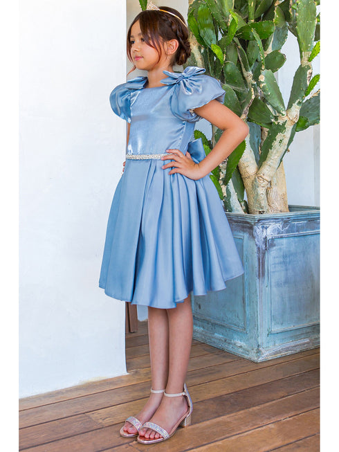 Girls Lala & Erina Blue Ribbon Puff Sleeve Flower Girl Dress 2-12 SophiasStyle.com model 2