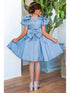 Girls Lala & Erina Blue Ribbon Puff Sleeve Flower Girl Dress 2-12 SophiasStyle.com model back