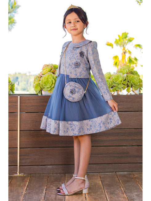Girls Lala & Erina Royal Blue Jacket Shoulder Bag Dress 3Pc Outfit SophiasStyle.com model 2