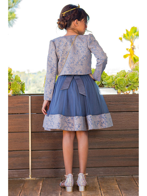 Girls Lala & Erina Royal Blue Jacket Shoulder Bag Dress 3Pc Outfit SophiasStyle.com model back