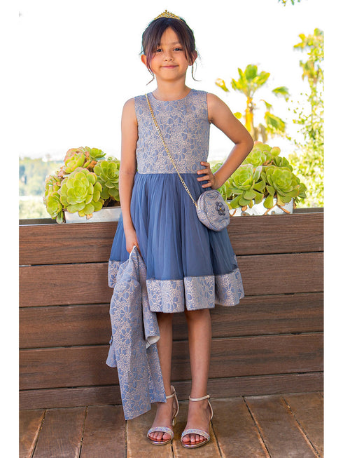 Girls Lala & Erina Royal Blue Jacket Shoulder Bag Dress 3Pc Outfit SophiasStyle.com model 3