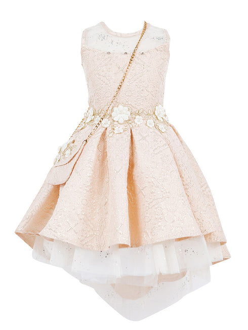 Girls Lala & Erina Champagne Jacquard High-Low Shoulder Bag 2Pc Dress Outfit 2-12 SophiasStyle.com front